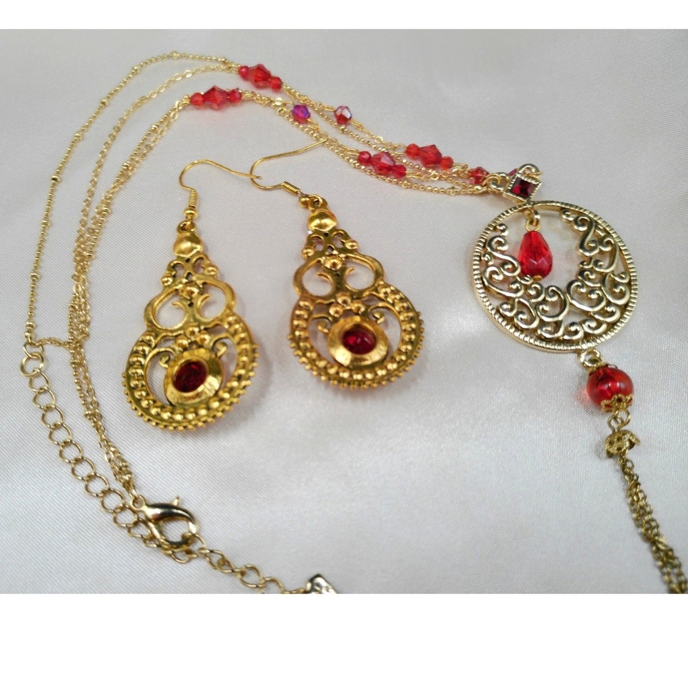 Gold Tone Filigree Red Crystal Beaded Necklace and Earrings Jewelry Set Ornate